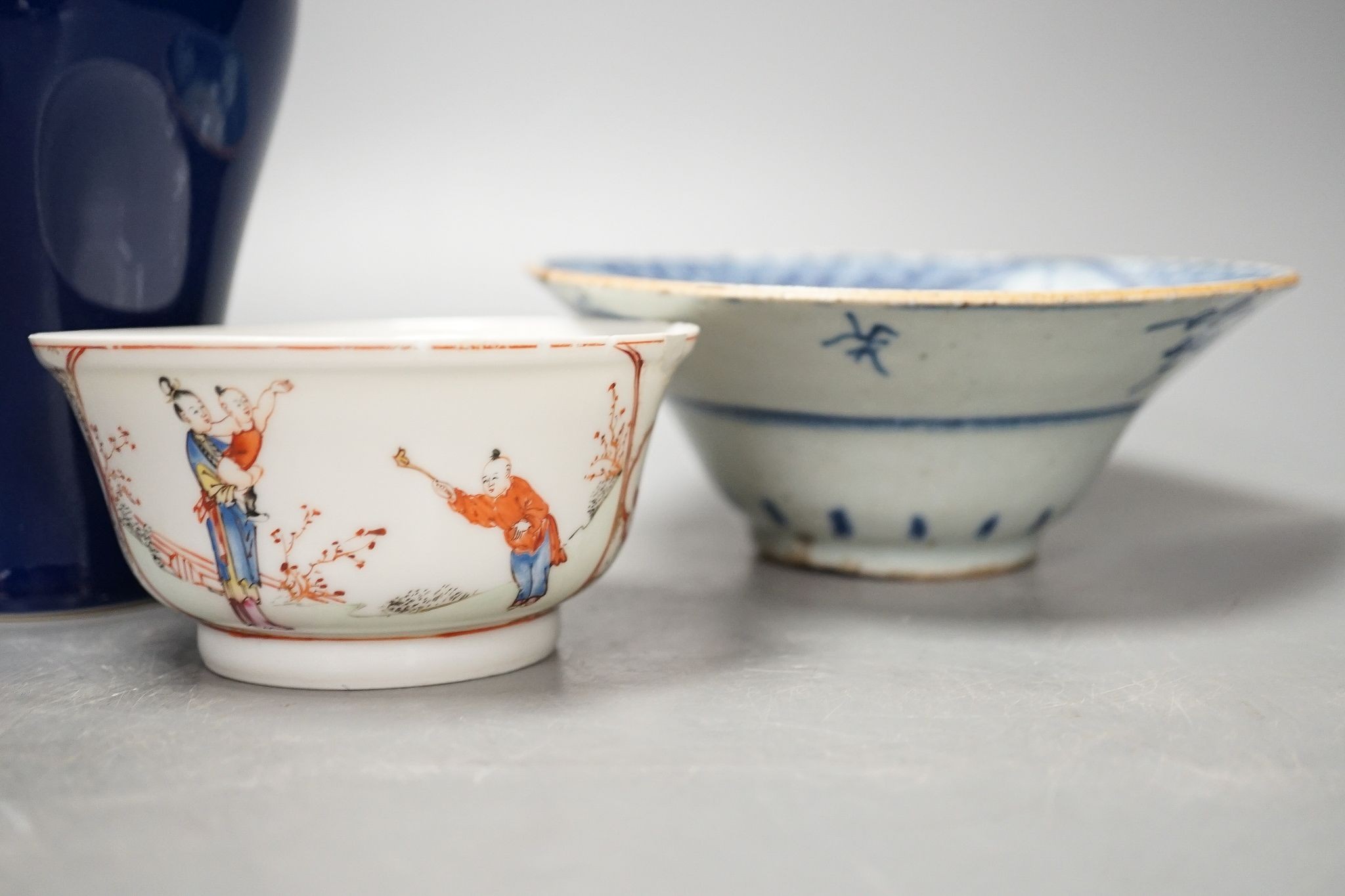 A Chinese blue glazed meiping, 20cm, and three Chinese bowls